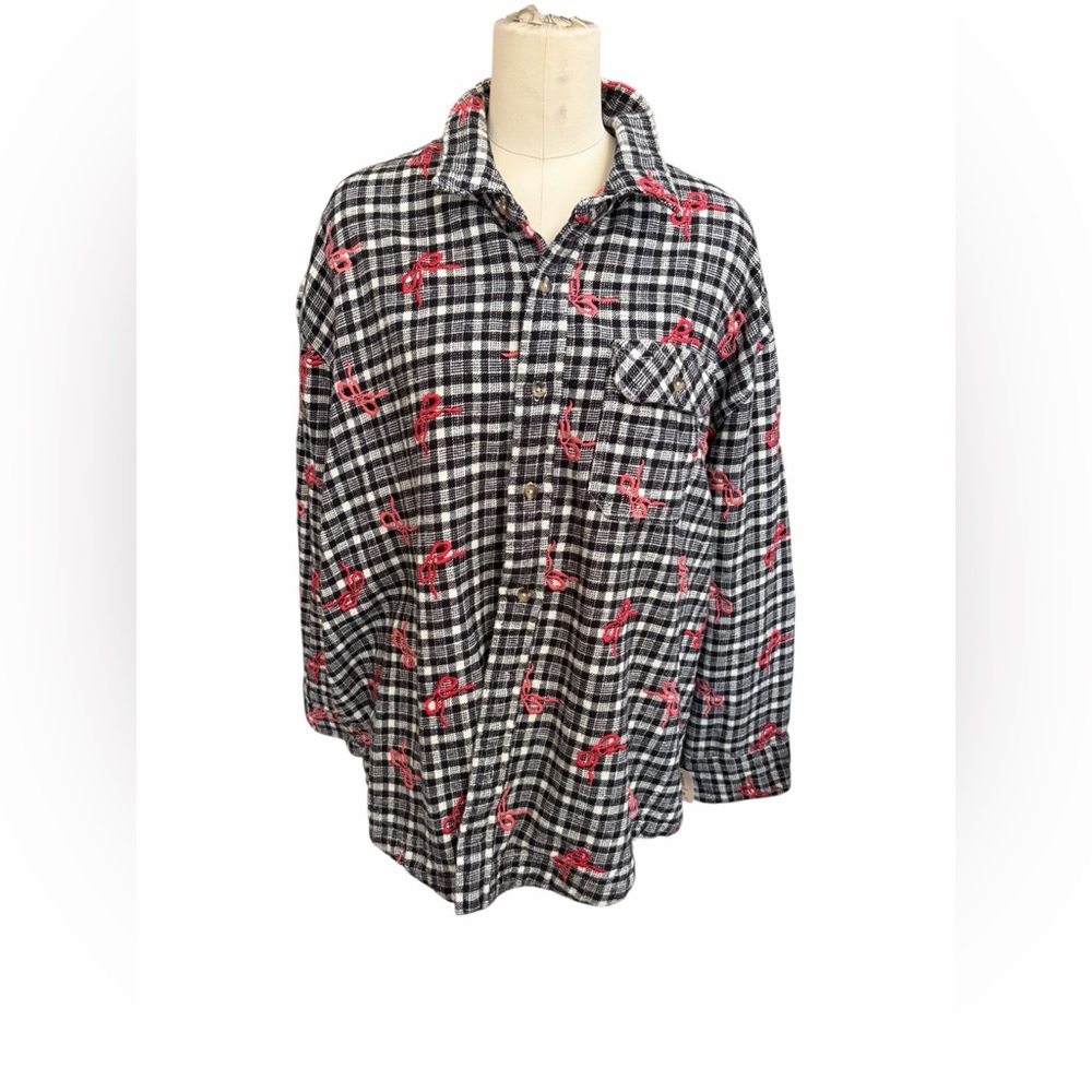 BDG Dani Black & White Plaid Button-Up Shacket bows size medium - Picture 3 of 7